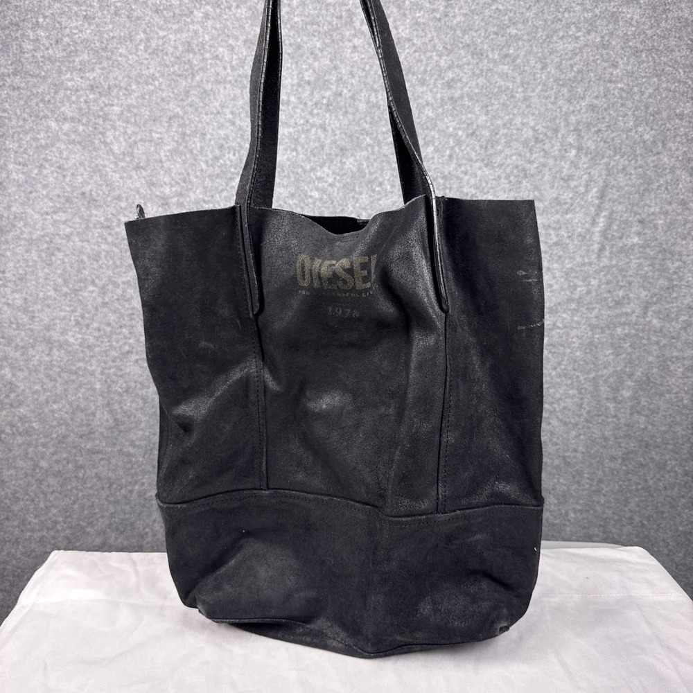 Diesel Tote Bag 1978 Logo Large Black Suede Leather Slouchy Shopper Bag